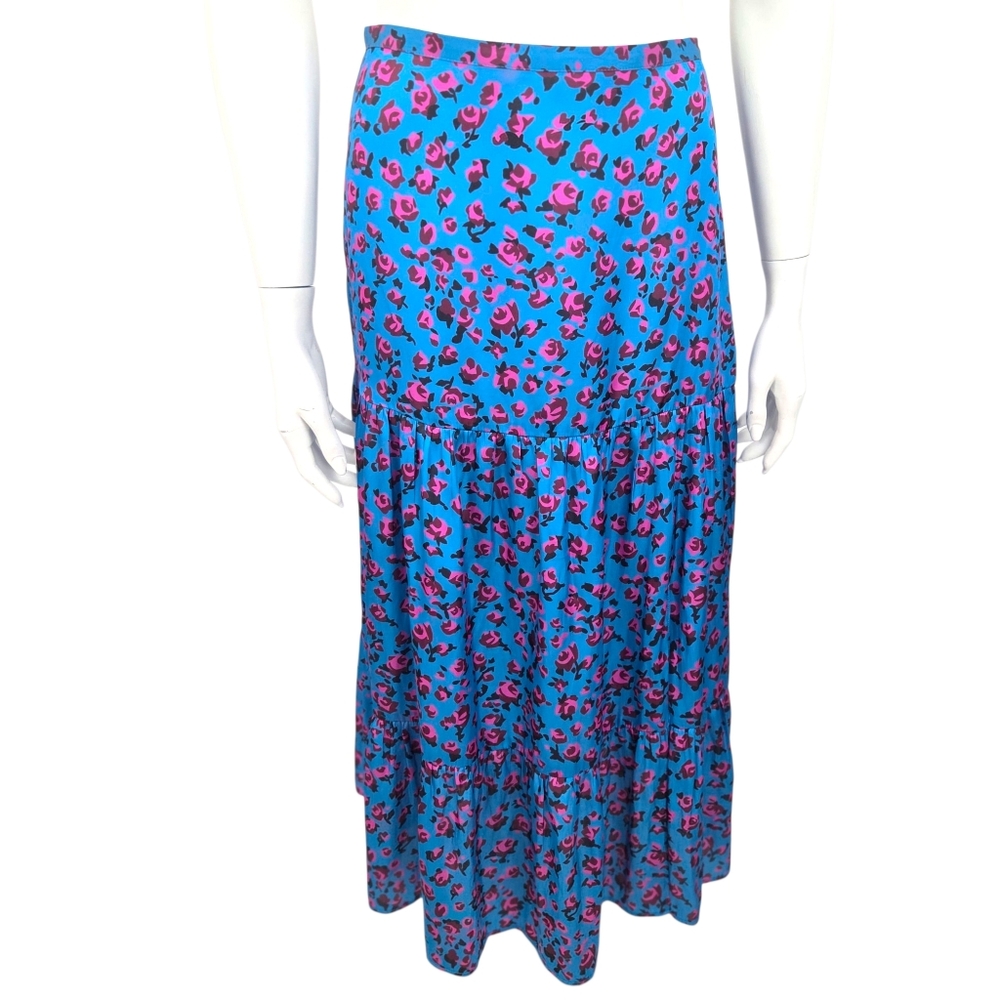 Paige Silky Floral Tiered Midi Skirt NEW Womens Small Blue Pink Rose Fairy